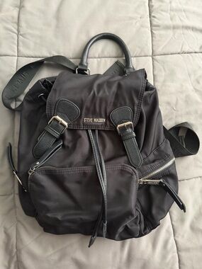 Steve Madden Black Nylon Drawstring Backpack with Buckle Accents
